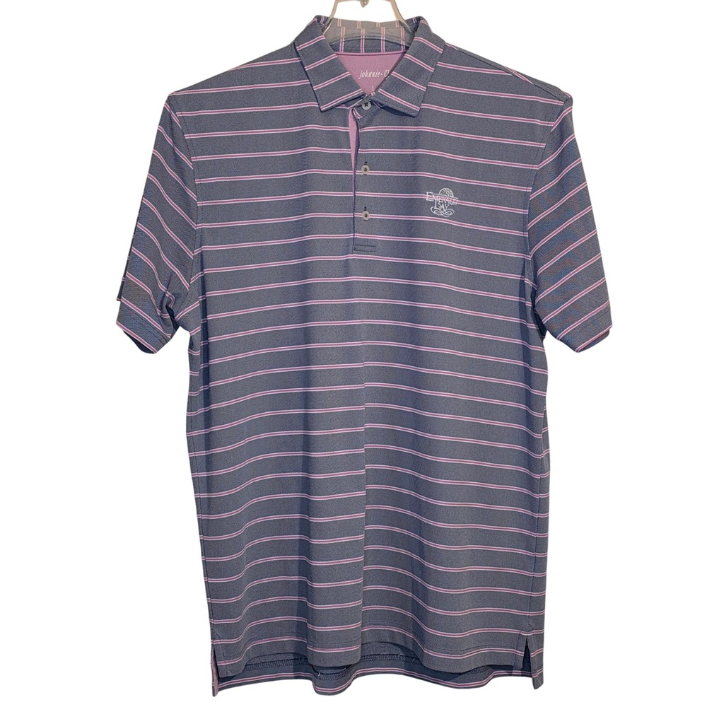 Johnnie-O‎ Mens Large Golf Polo Shirt Gray Pink Stripe Short Sleeve Emerald Bay